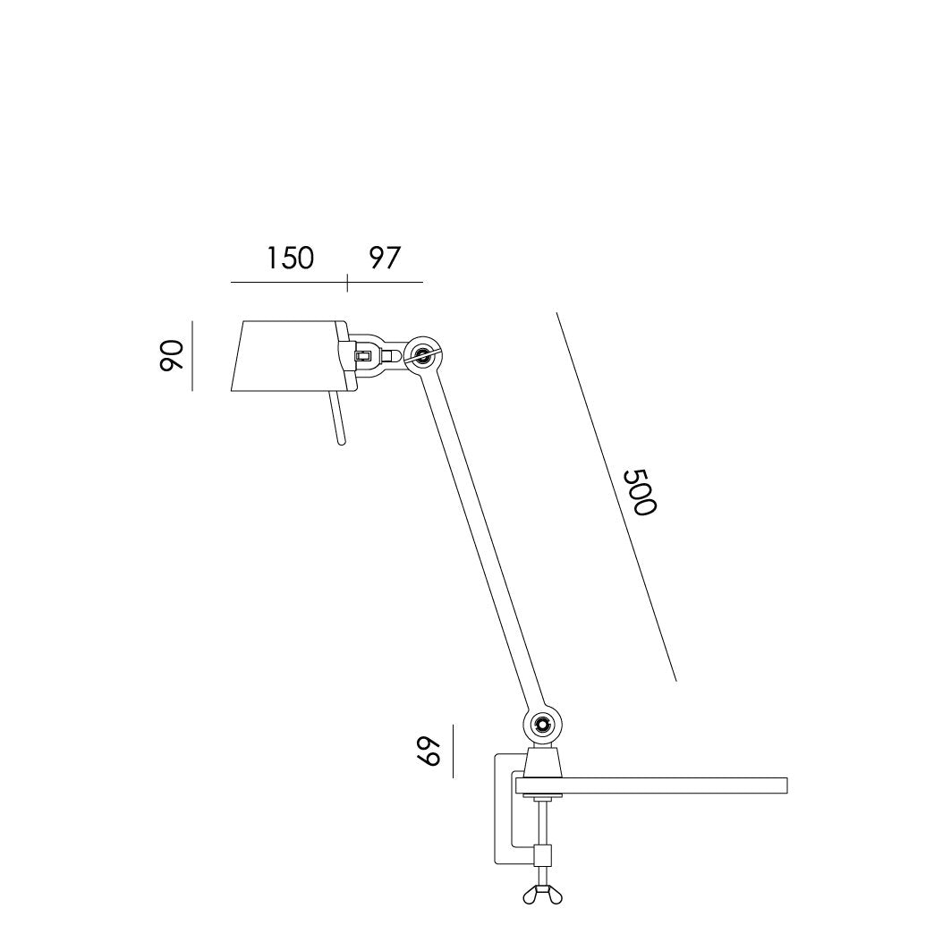 Overzicht met de maatvoering van de Tonone Bolt Desk 1 arm clamp bureaulamp.