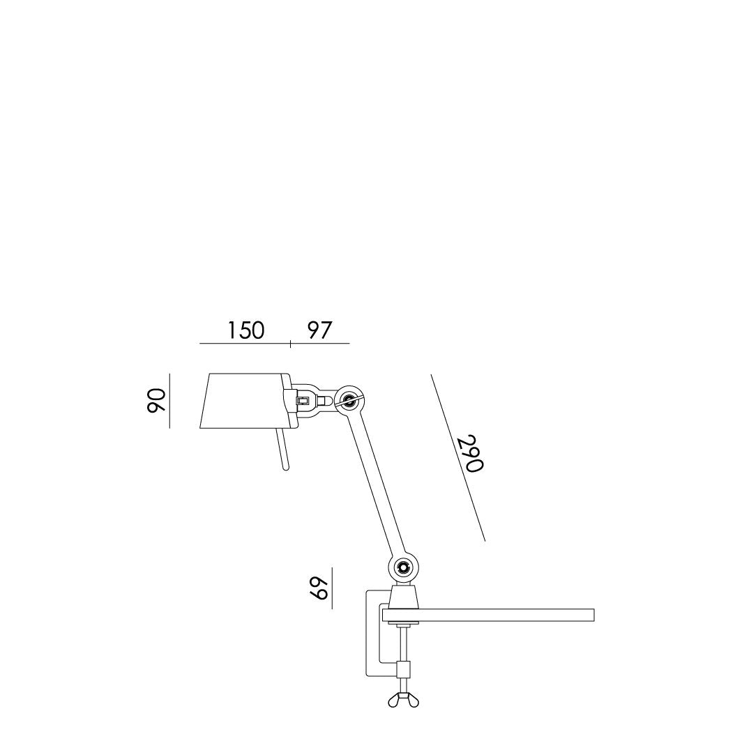 Overzicht van de maatvoering van de Tonone Bolt Desk 1 arm clamp small bureaulamp.
