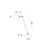Overzicht met de maatvoering van de Tonone Bolt Desk 1 arm foot.
