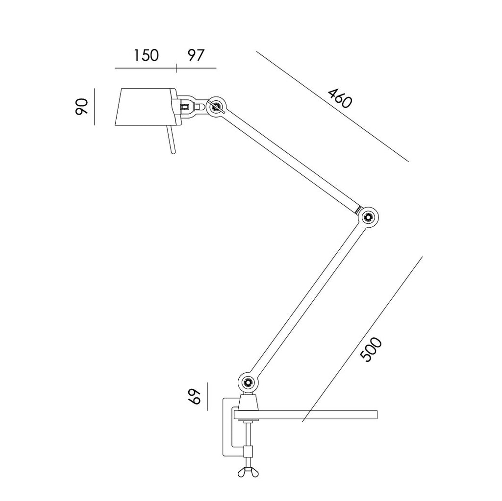 Overzicht met de maatvoering van de Tonone Bolt Desk 2 arm clamp bureaulamp.