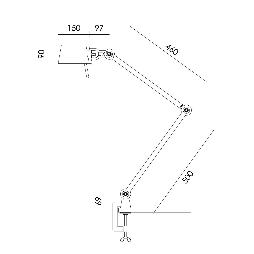 Overzicht met de maatvoering van de Tonone Bolt Desk 2 arm clamp bureaulamp.