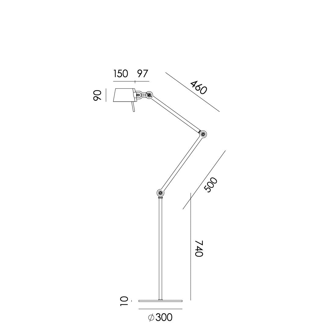 Overzicht van de maatvoering van de Tonone Bolt Floor 2 arm vloerlamp.
