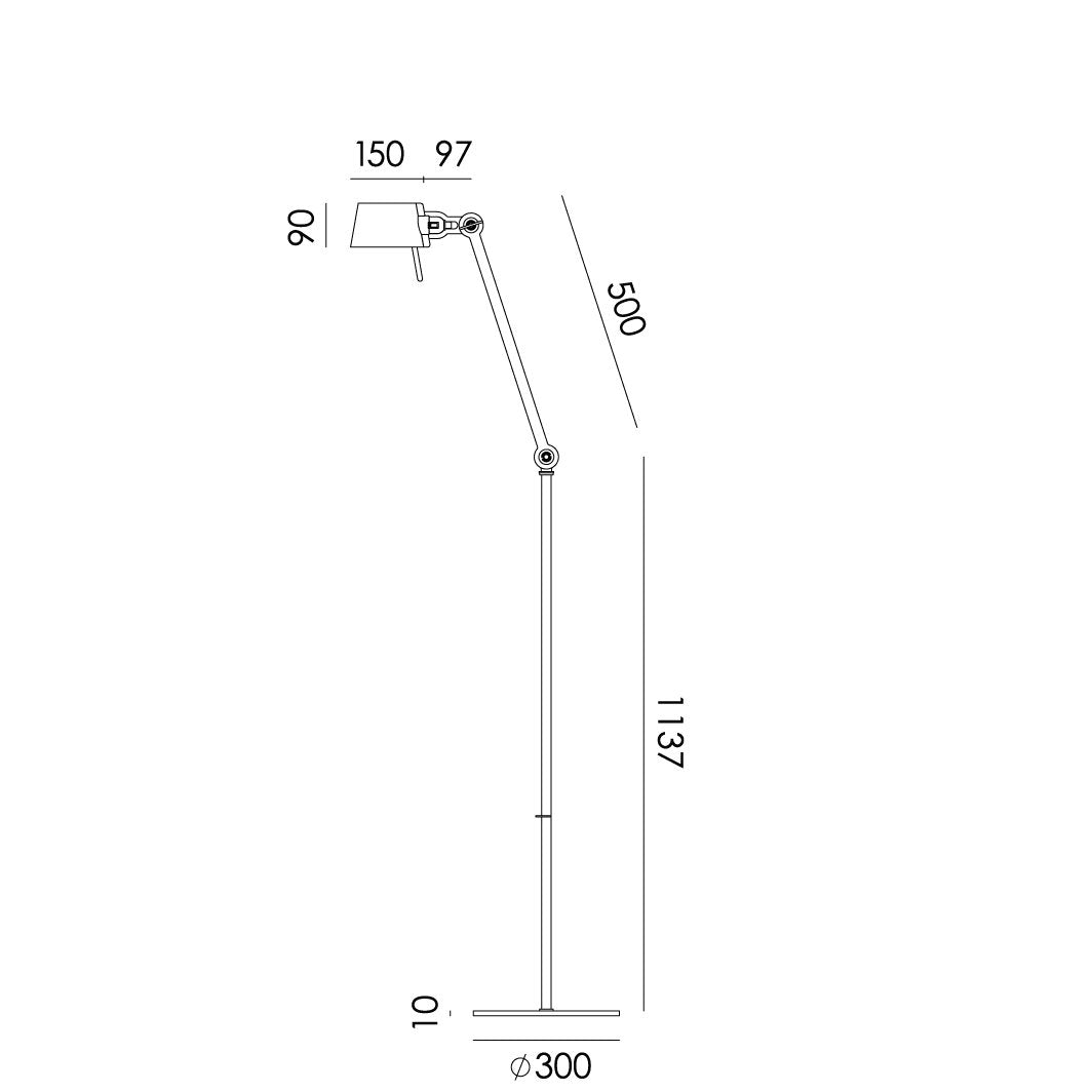Overzicht met de maatvoering van de Tonone Bolt Floor Long 1 arm.