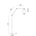 Overzicht van de maatvoering van de Tonone Bolt Floor Long 2 arm vloerlamp.