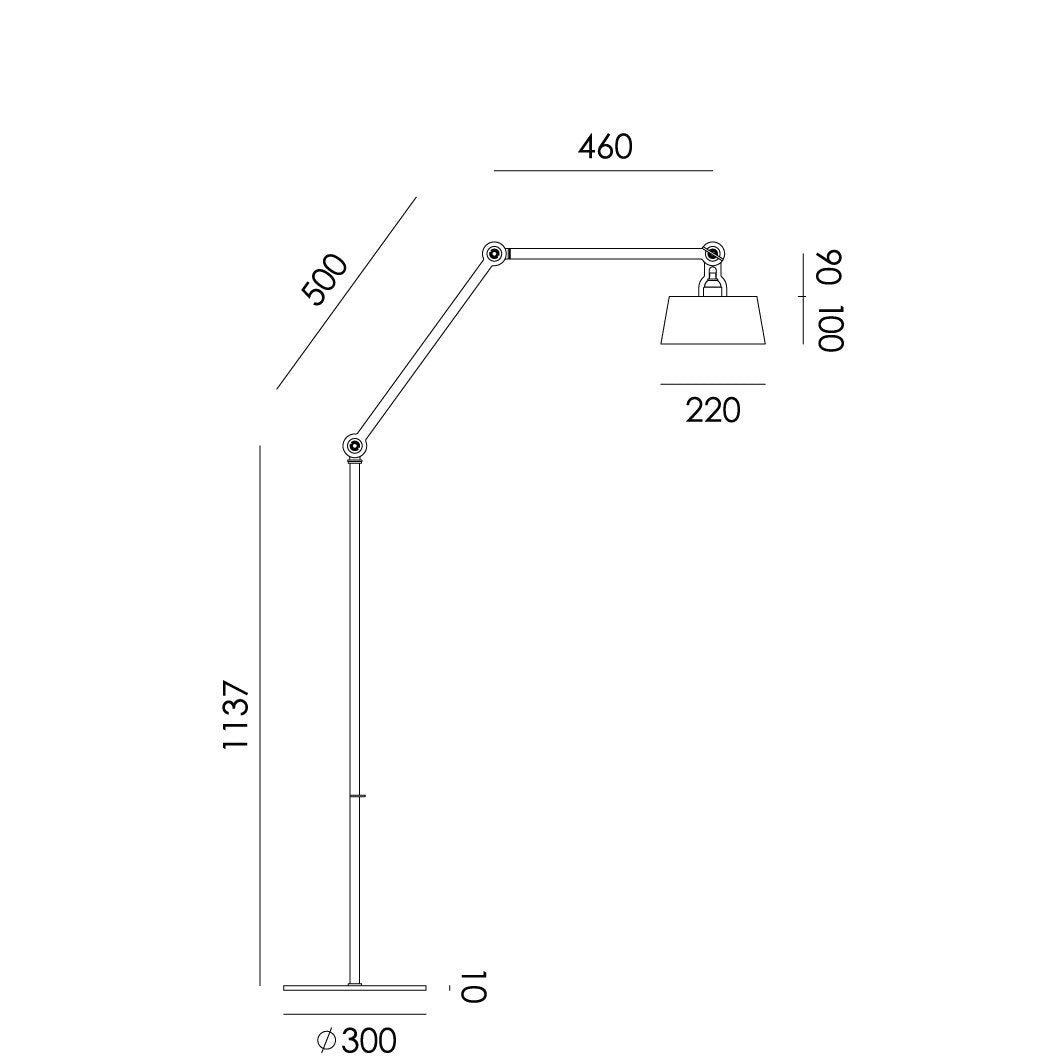 Overzicht van de maatvoering van de Tonone Bolt Floor Long 2 arm vloerlamp.