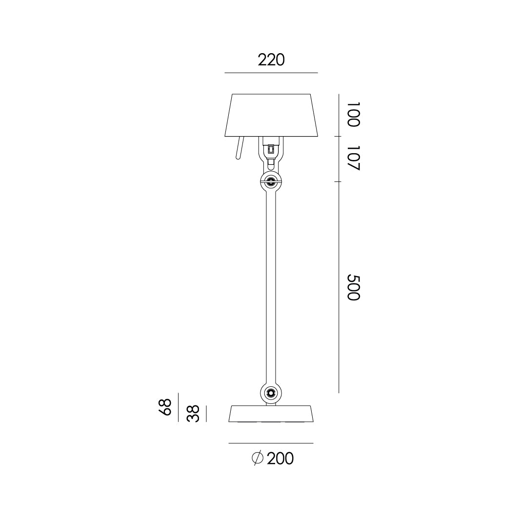 Overzicht van de maatvoering van de Tonone Bolt Table Standard tafellamp.
