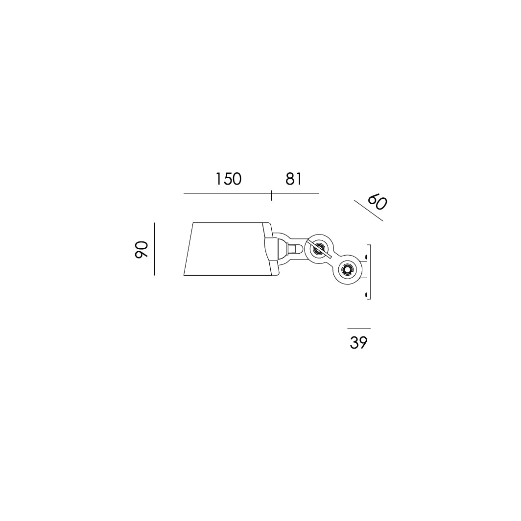 Overzicht van de maatvoering van de Tonone Bolt Wall Sidefit Mini wandlamp.