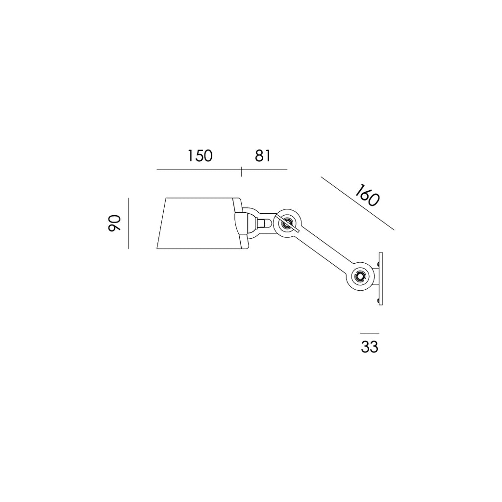 Overzicht van de maatvoering van de Tonone Bolt Wall Sidefit Small wandlamp.