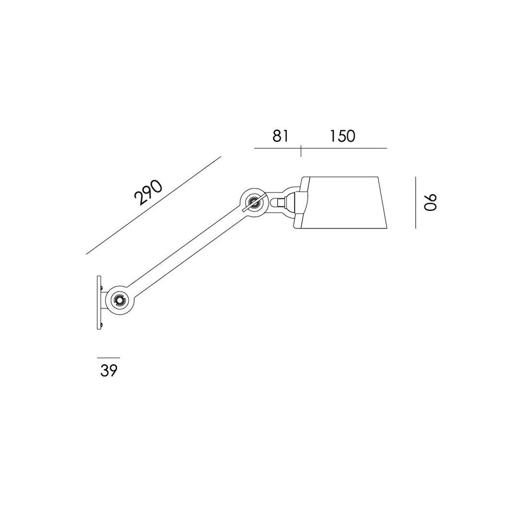 Overzicht van de maatvoering van de Tonone Bolt Wall Sidefit wandlamp.