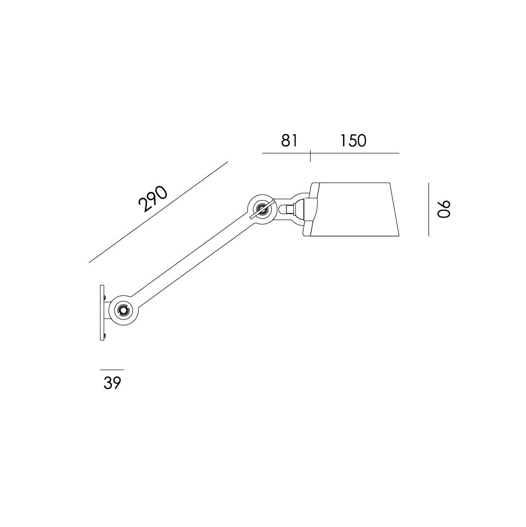 Overzicht van de maatvoering van de Tonone Bolt Wall Sidefit wandlamp.