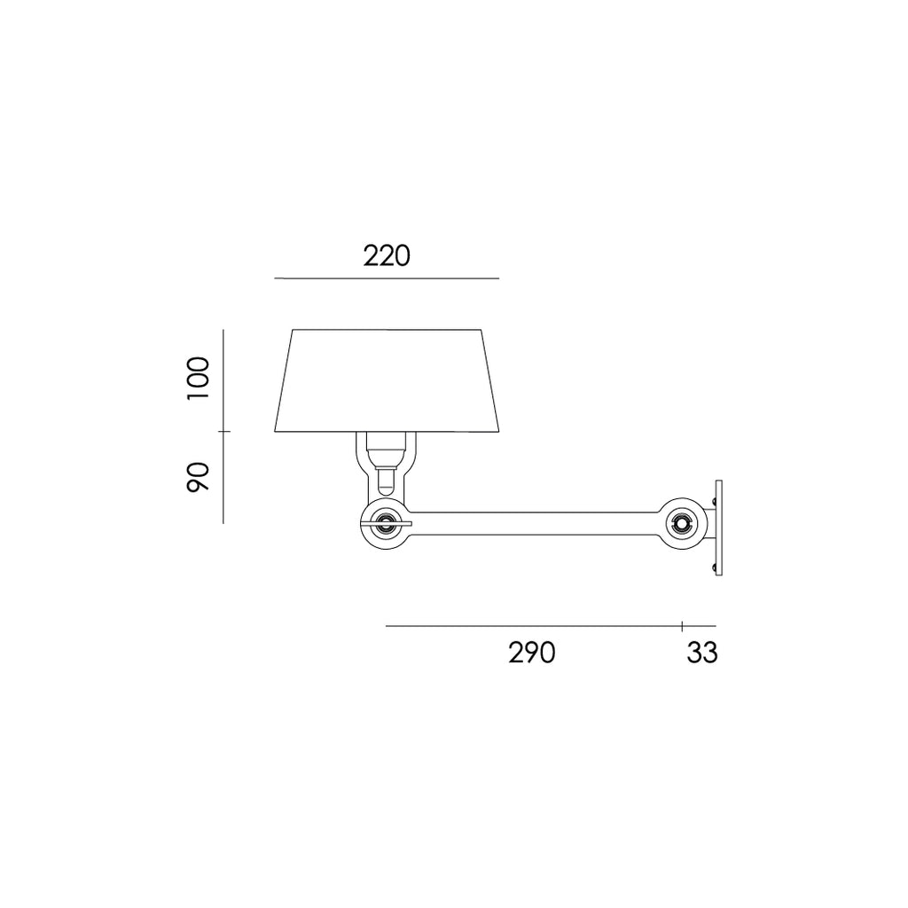 Overzicht van de maatvoering van de Tonone Bolt Wall Underfit wandlamp.