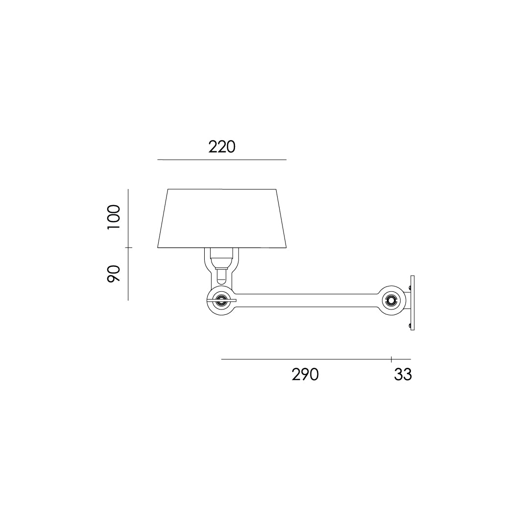 Overzicht van de maatvoering van de Tonone Bolt Wall Underfit wandlamp.
