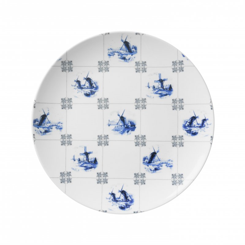 Heinen Delfts Blauw bord molen en tegels