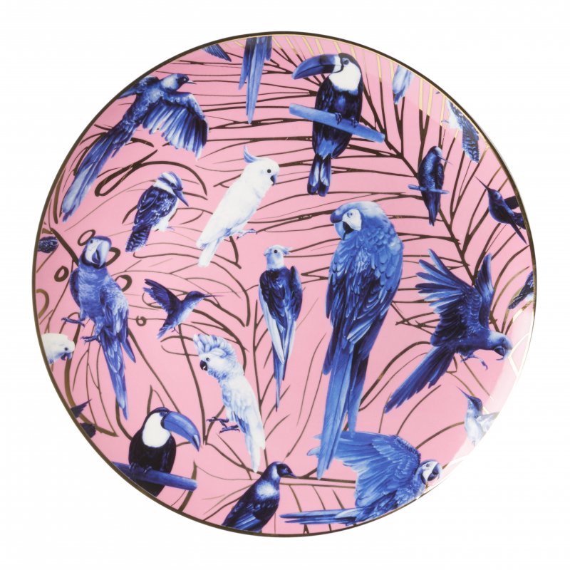 Heinen Delfts Blauw bord Vogels Roze