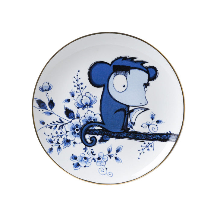 Heinen Delfts Blauw x Loes van Delft wandbord Aapie Delfts Blue.