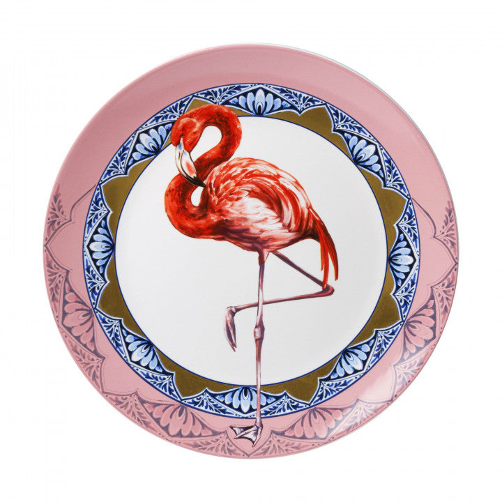 Heinen Delfts Blauw wandbord mandala flamingo.