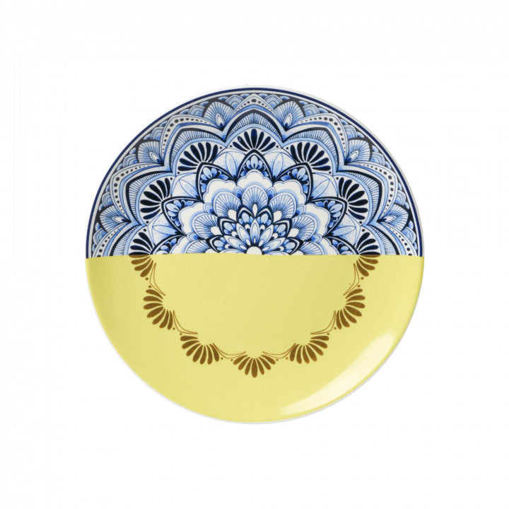 Heinen Delfts Blauw wandbord mandala geel.