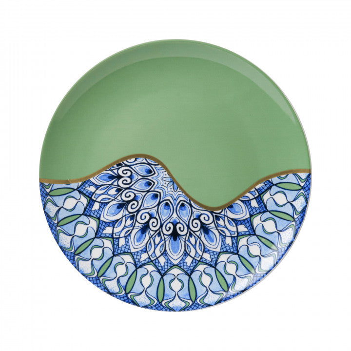 Heinen Delfts Blauw wandbord mandala groen.