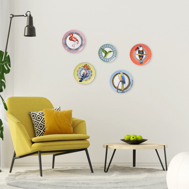 Heinen Delfts Blauw wandbord mandala met kolibrie sfeerbeeld.
