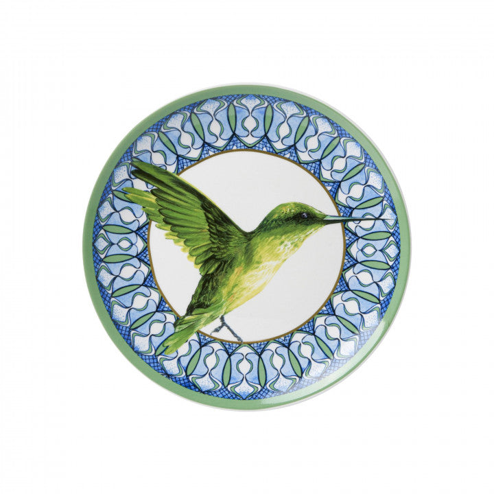 Heinen Delfts Blauw wandbord mandala met kolibrie.