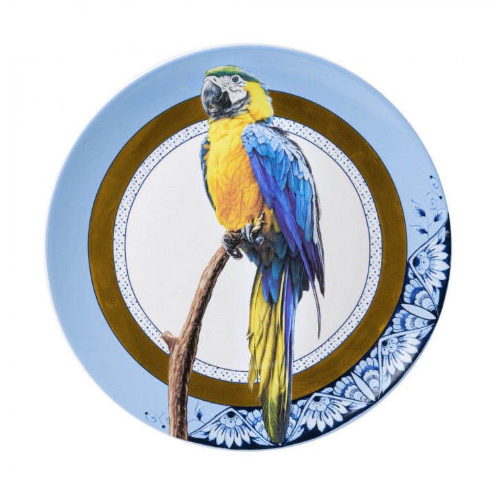 Heinen Delfts Blauw wandbord mandala papegaai.