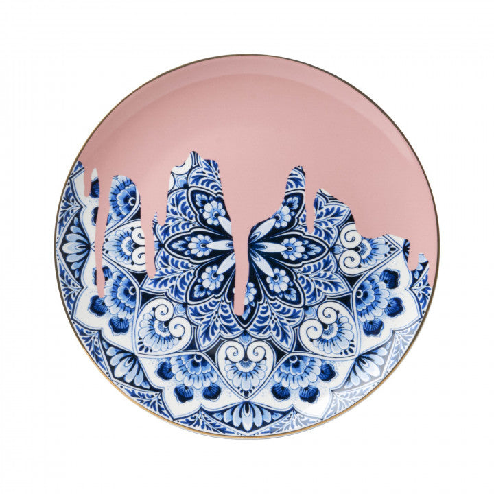 Heinen Delfts Blauw wandbord mandala roze.