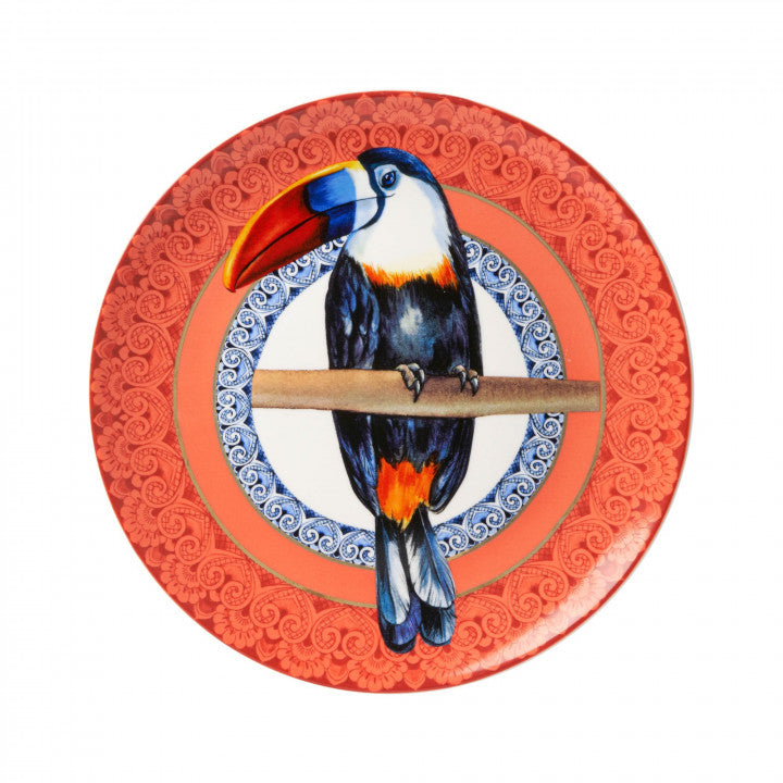Heinen Delfts Blauw wandbord mandala toekan.