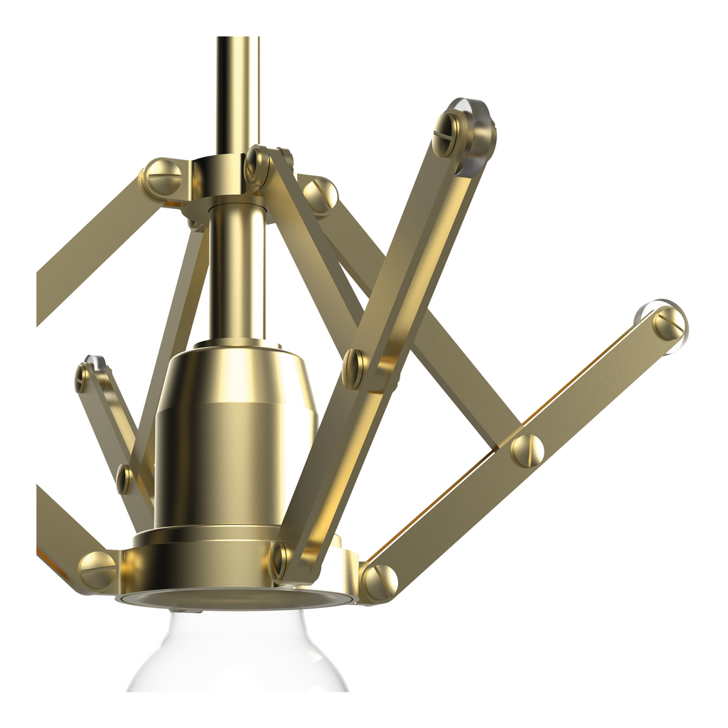 Close-up van het scharniermechanisme van de Tonone Atlas hanglamp.