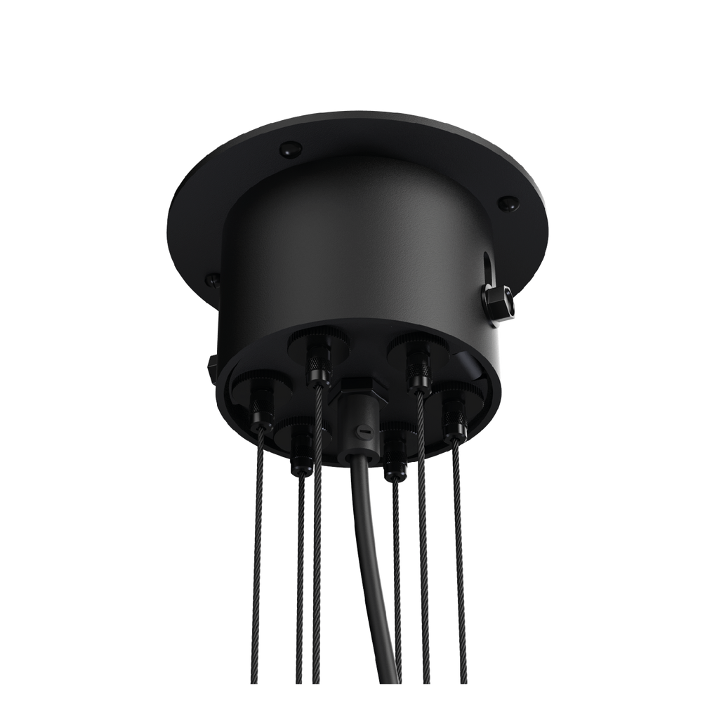 Close-up van de bevestiging van de Tonone Bolt Chandelier 18 arm hanglamp in de kleur smokey black.