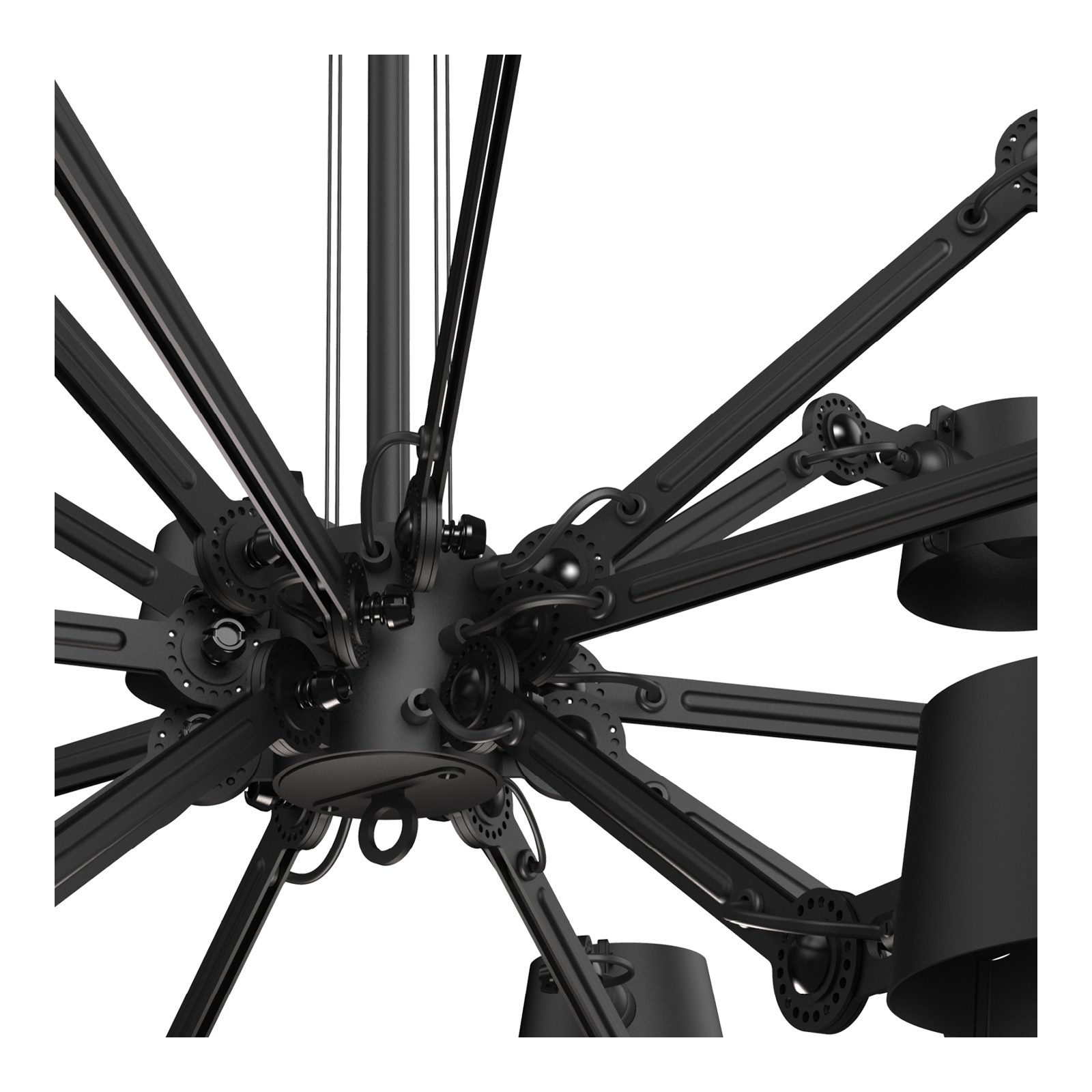 Close-up van het middenstuk van de Tonone Bolt Chandelier 18 arm hanglamp in de kleur smokey black.