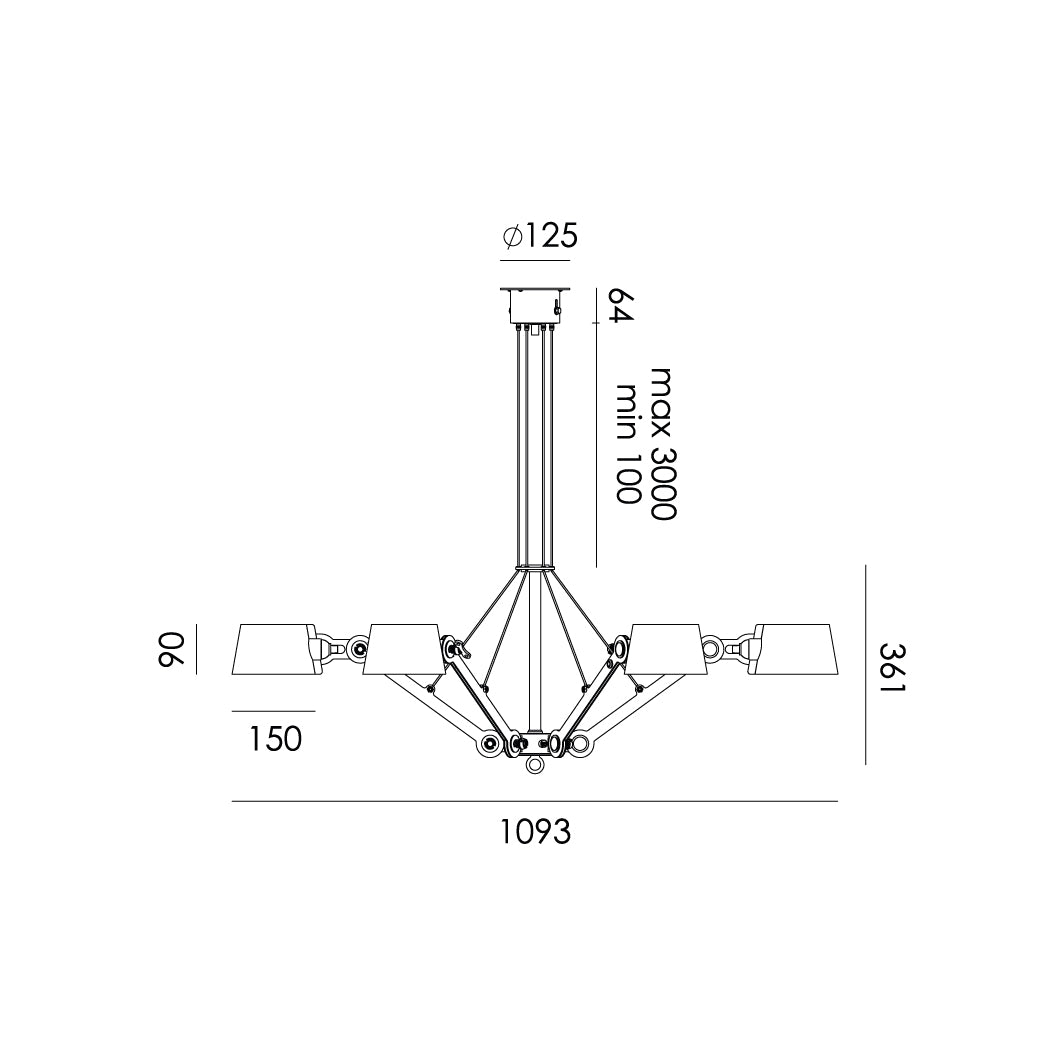 Overzicht van de maatvoering van de Tonone Bolt Chandelier 6 arm hanglamp.