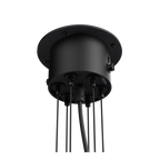 Close-up van de bevestiging van de Tonone Bolt Chandelier 6 arm hanglamp in de kleur smokey black.