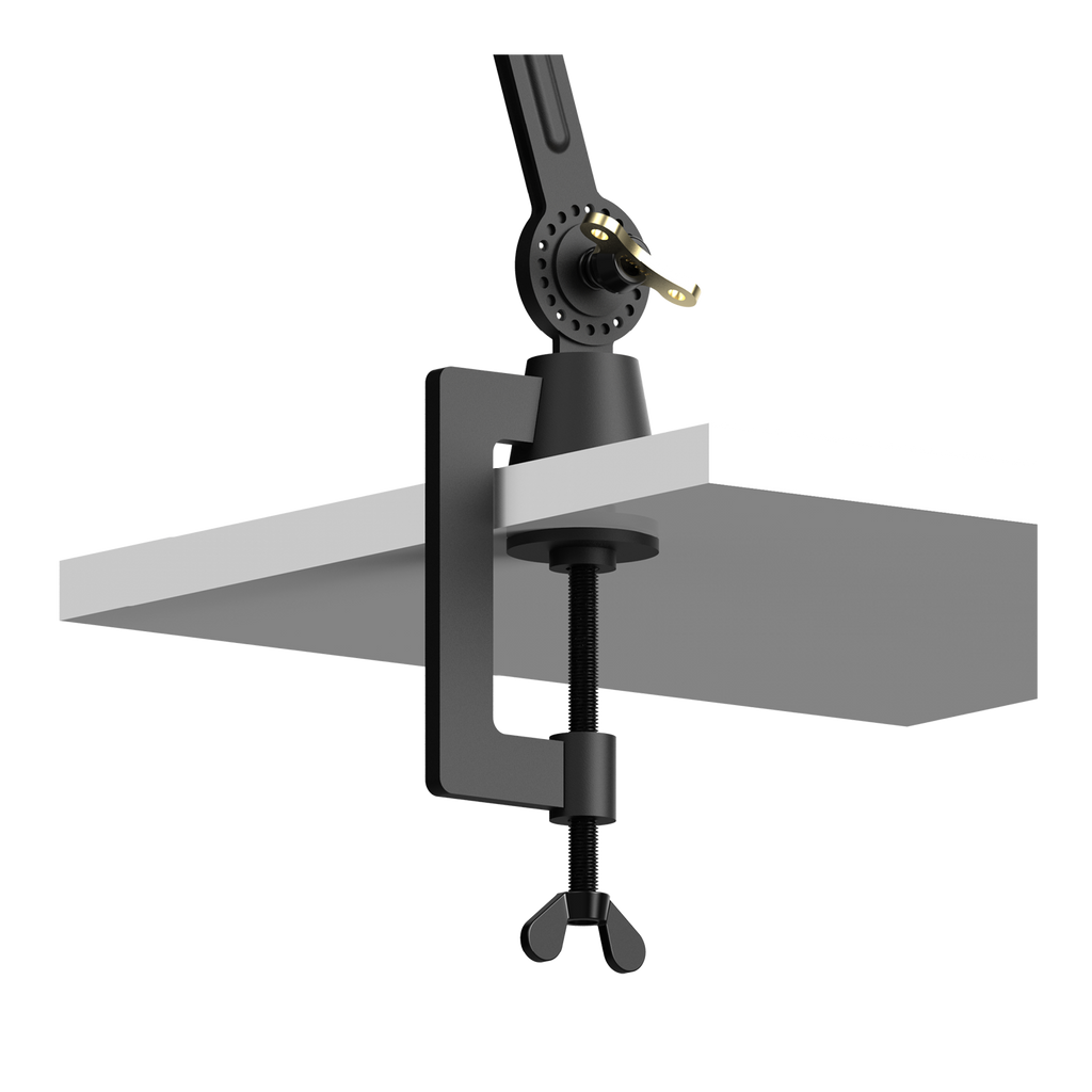 Close-up van de bevestiging van de Tonone Bolt Desk 1 arm clamp bureaulamp in de kleur smokey black.