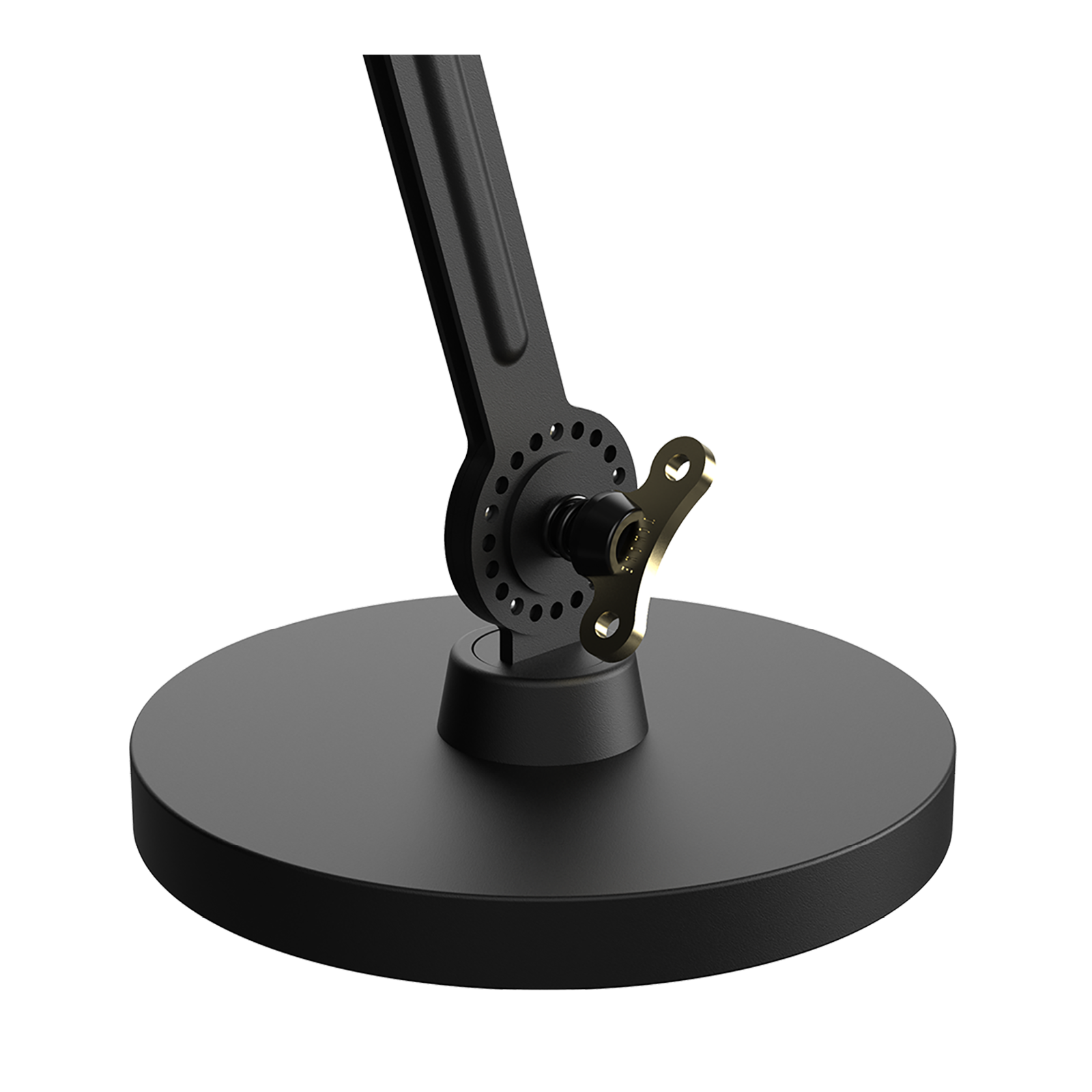 Close-up van de voet van de Tonone Bolt Desk 1 arm foot small bureaulamp in de kleur smokey black.