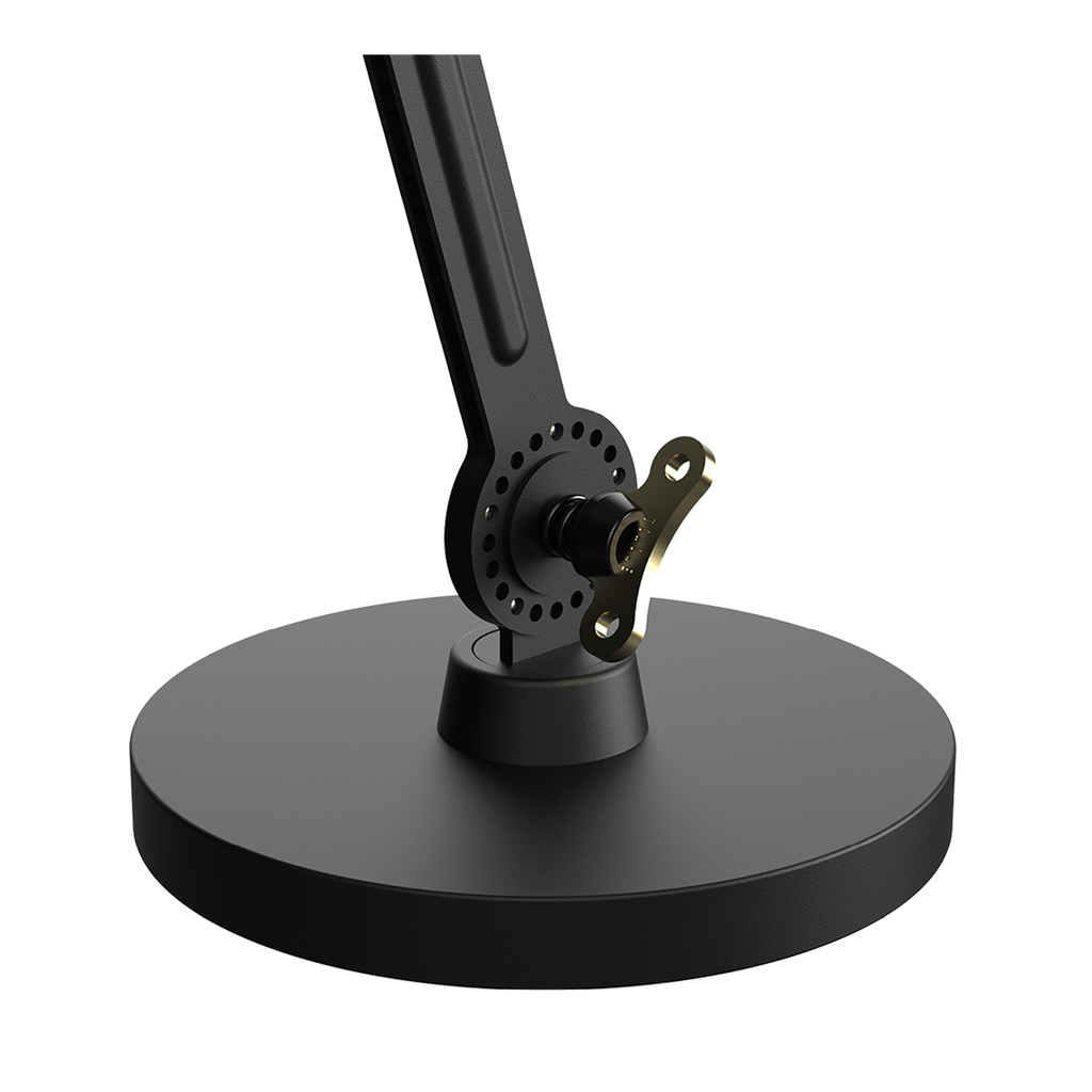 Close-up van de voet van de Tonone Bolt Desk 1 arm foot small bureaulamp in de kleur smokey black.