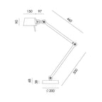 Overzicht met de maatvoering van de Tonone Bolt Desk 2 arm foot bureaulamp.