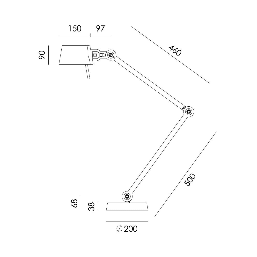 Overzicht met de maatvoering van de Tonone Bolt Desk 2 arm foot bureaulamp.