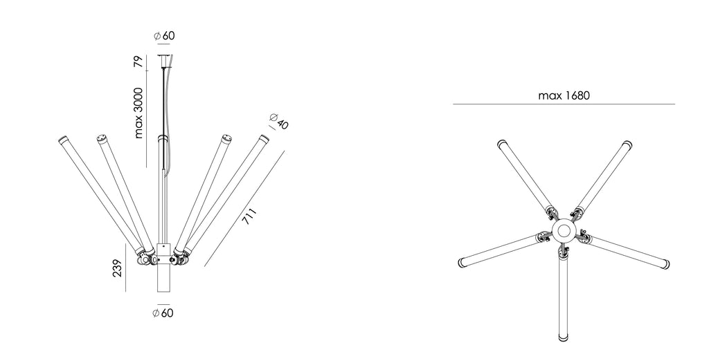 Overzicht van de maatvoering van de Tonone Mr. Tubes LED Chandelier hanglamp.