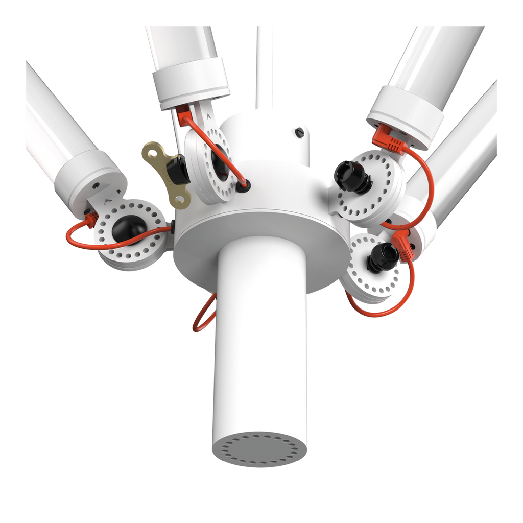 Close-up van de constructie van de Tonone Mr. Tubes LED Chandelier hanglamp in de kleur pure white.