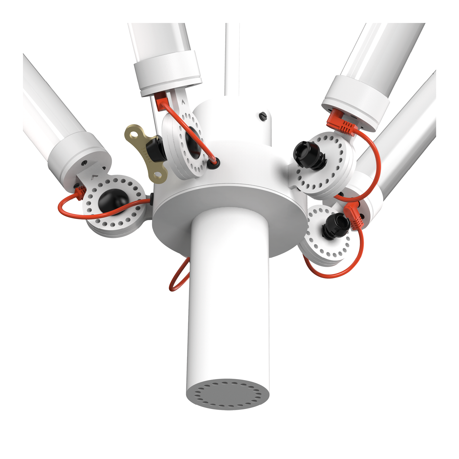 Close-up van de constructie van de Tonone Mr. Tubes LED Chandelier hanglamp in de kleur pure white.