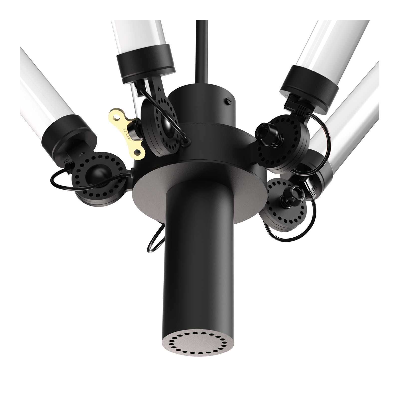 Close-up van de constructie van de Tonone Mr. Tubes LED Chandelier hanglamp in de kleur smokey black.