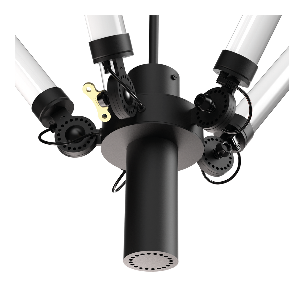 Close-up van de constructie van de Tonone Mr. Tubes LED Chandelier hanglamp in de kleur smokey black.
