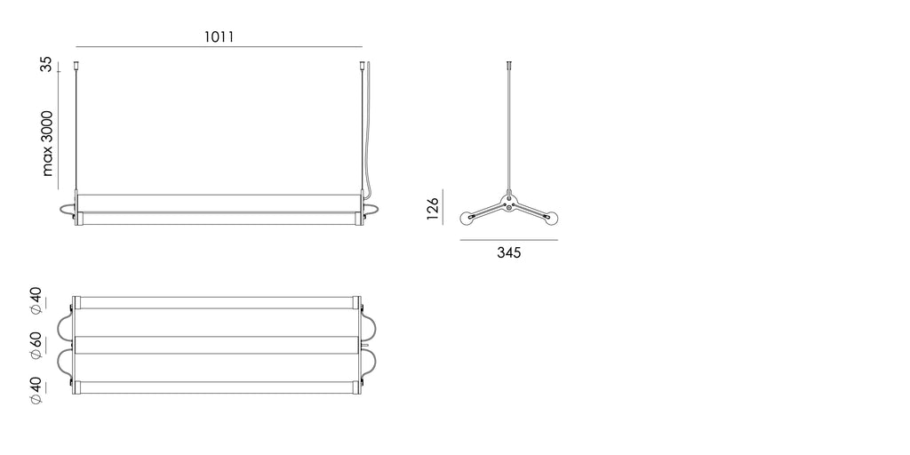 Overzicht van de maatvoering van de Tonone Mr. Tubes LED Double hanglamp.