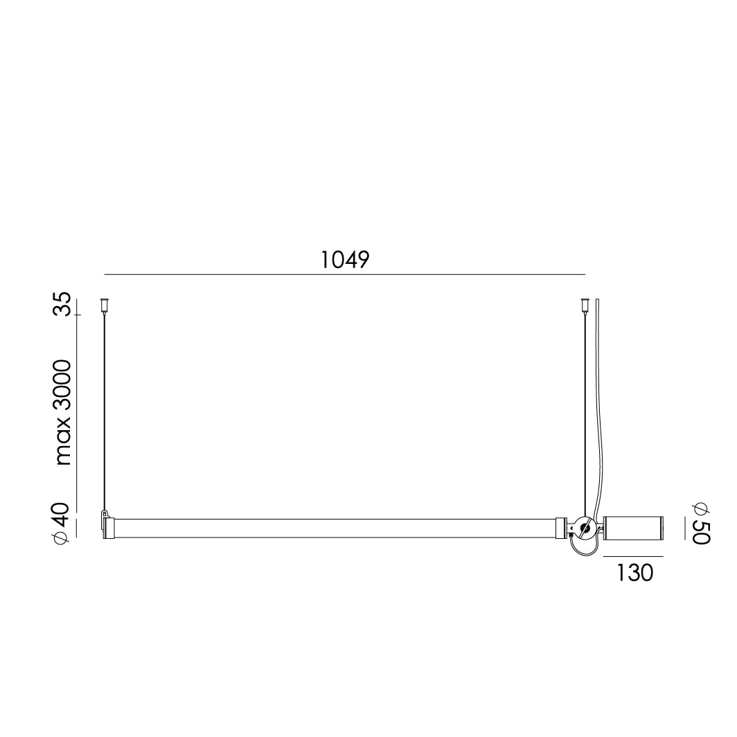 Overzicht van de maatvoering van de Tonone Mr. Tubes LED Pendant Horizontal hanglamp met driver op constructie.