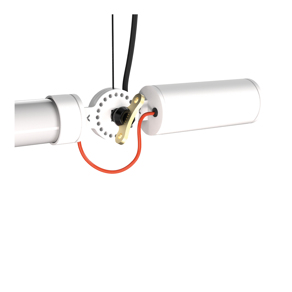 Close-up van de aansluiting van de Tonone Mr. Tubes LED Pendant Horizontal hanglamp met driver op constructie in de kleur pure white.