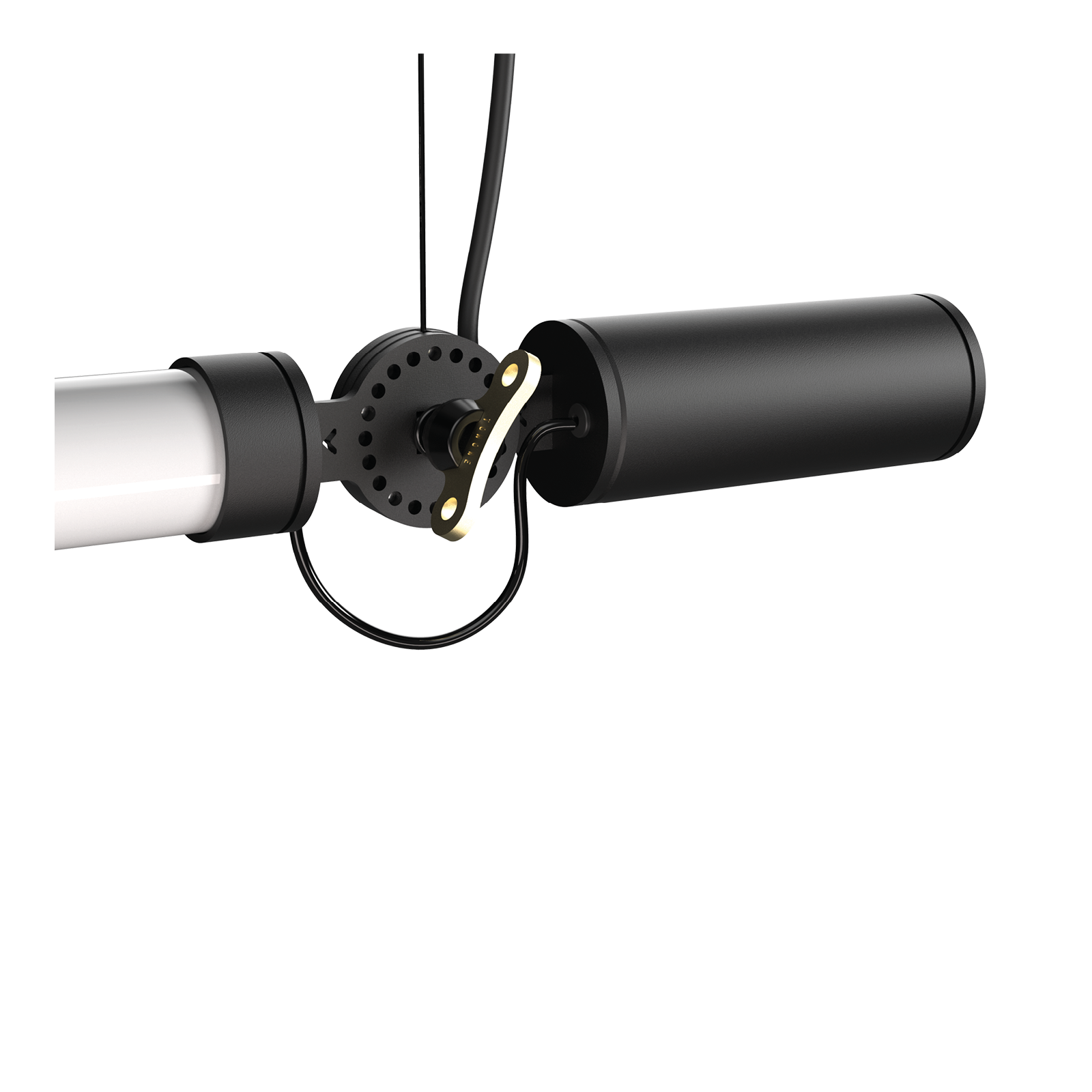 Close-up van de aansluiting van de Tonone Mr. Tubes LED Pendant Horizontal hanglamp met driver op constructie in de kleur smokey black.