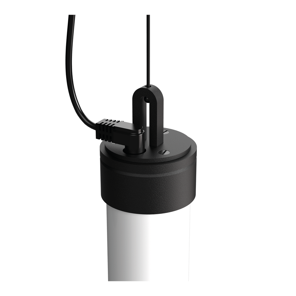 Close-up van de aansluiting van de Tonone Mr. Tubes LED Pendant Vertical hanglamp 700 mm in de kleur smokey black.