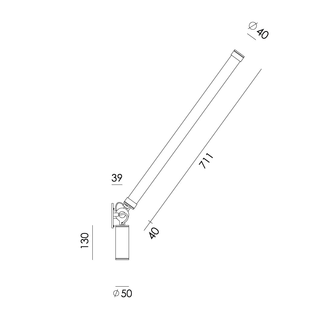 Overzicht van de maatvoering van de Tonone Mr. Tubes LED Wall wandlamp - driver op constructie.
